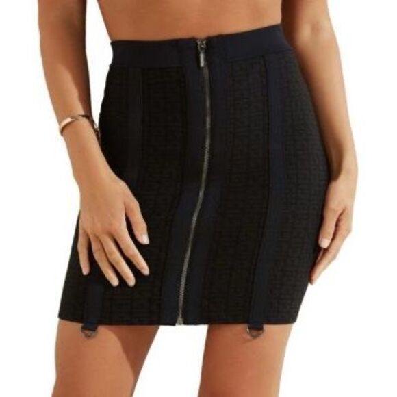 GUESS Women’s Jet Black Multi Logo Mirage Garter Mini Skirt Size Medium NWT - Picture 1 of 7